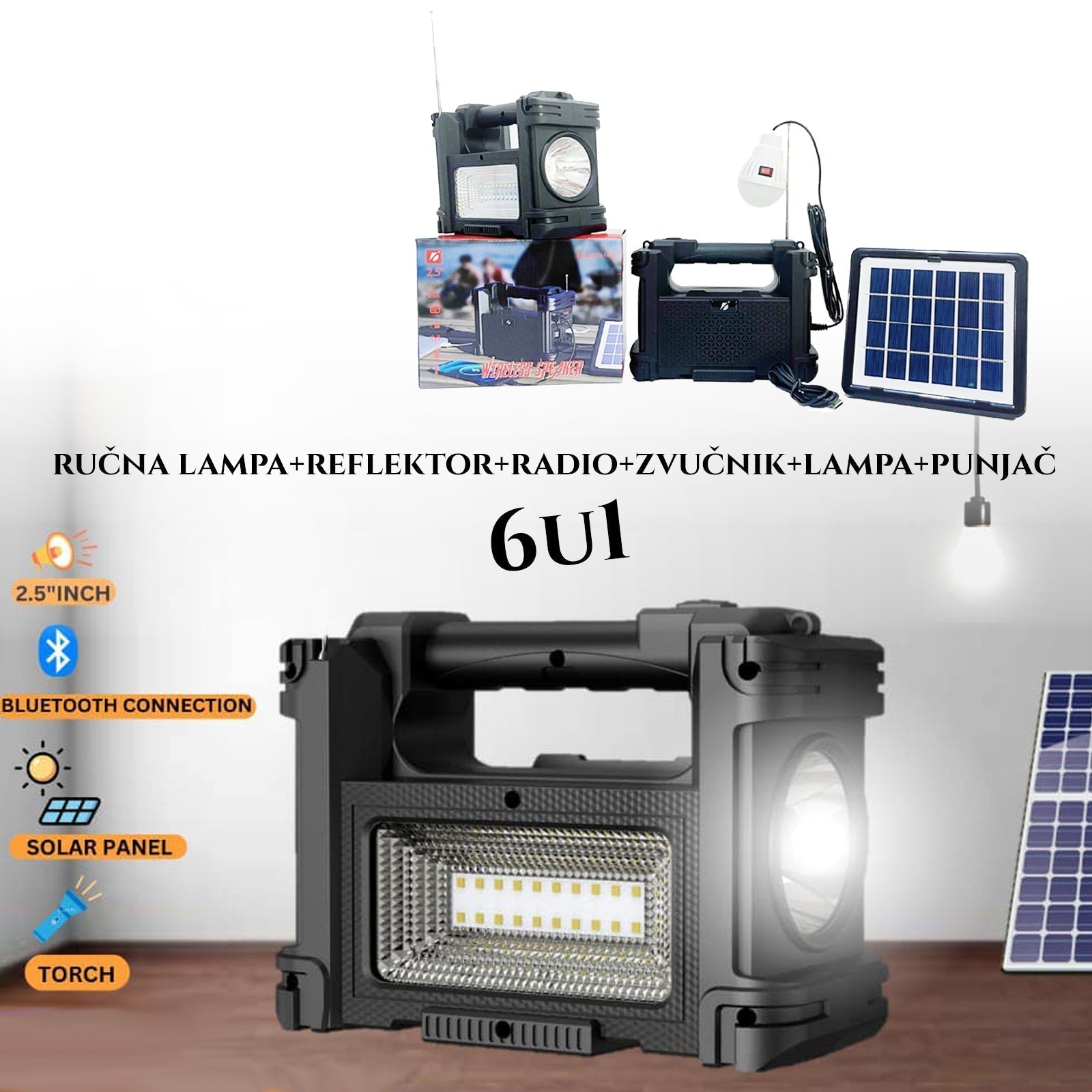 SOLARNA NAPRAVA 6U1 (ZVOČNIK+REFLEKTOR+ROČNA SVETILKA+POLNILEC+RADIO)