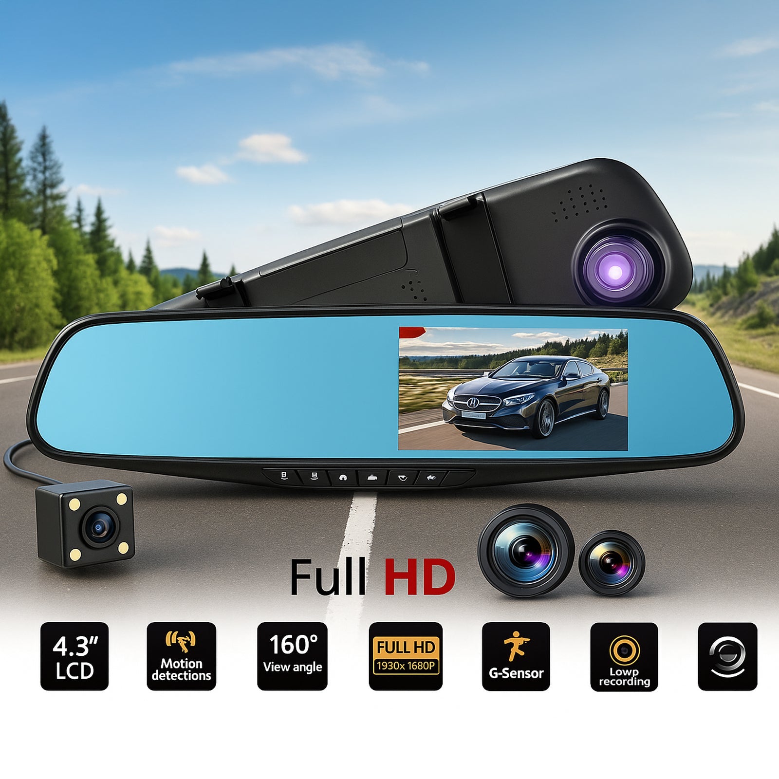 Avtomobilska kamera Full HD 5'' + kamera za vzvratno vožnjo
