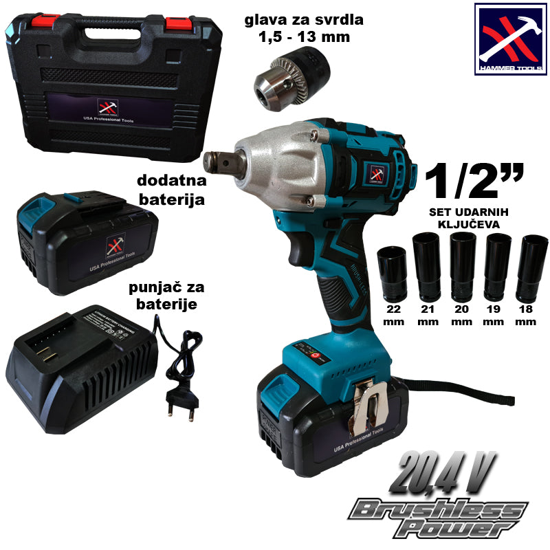 Akumulatorski izvijač Hammer Tools, 2 litij-ionski bateriji + vrtalna glava 1,5–13 mm + 5 nastavkov 18, 19, 20, 21, 22 mm