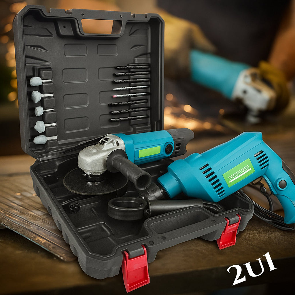 Vrtalnik in kotni brusilnik GK v kovčku z deli