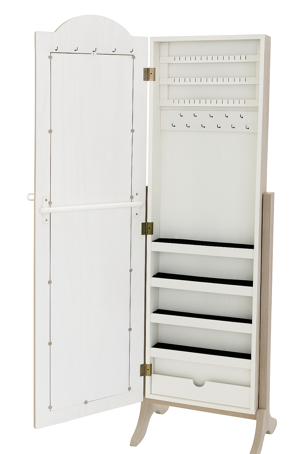 Elegantno stoječe ogledalo z vgrajenim shranjevalnikom za nakit