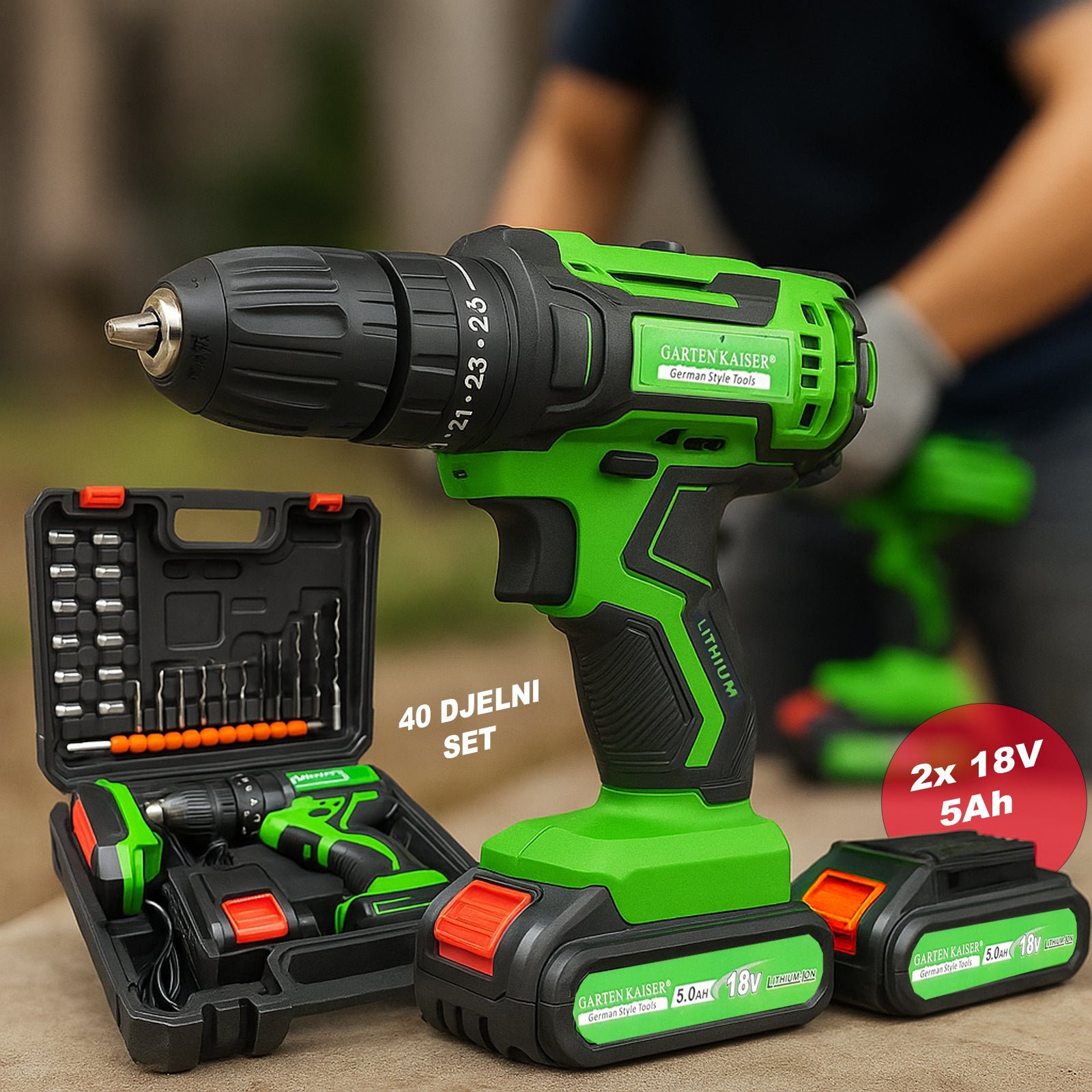Akumulatorski vrtalnik Gk + 40-delni komplet