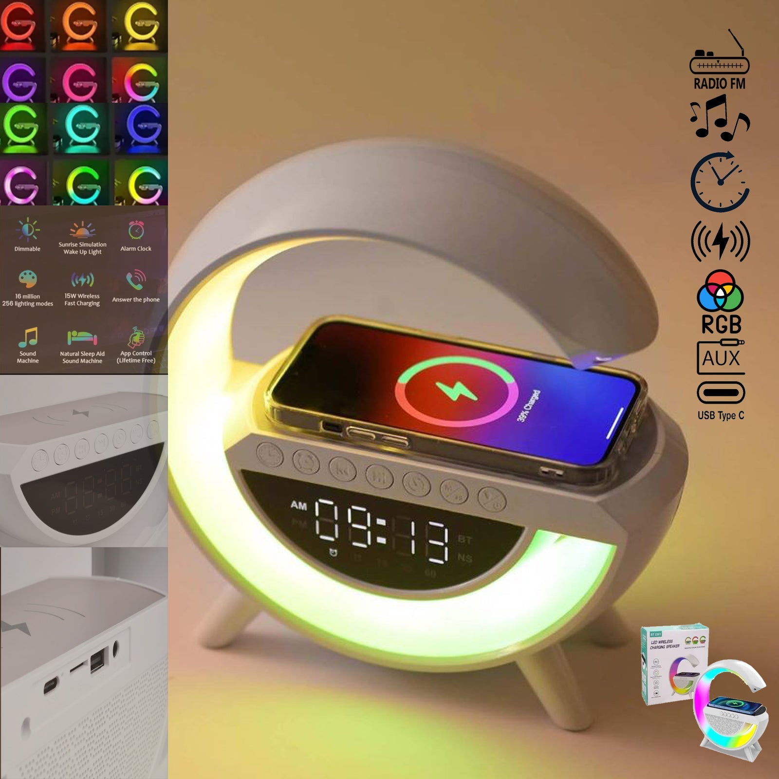 4-v-1 SVETILKA, BREZŽIČNI POLNILEC, BLUETOOTH ZVOČNIK Z URO