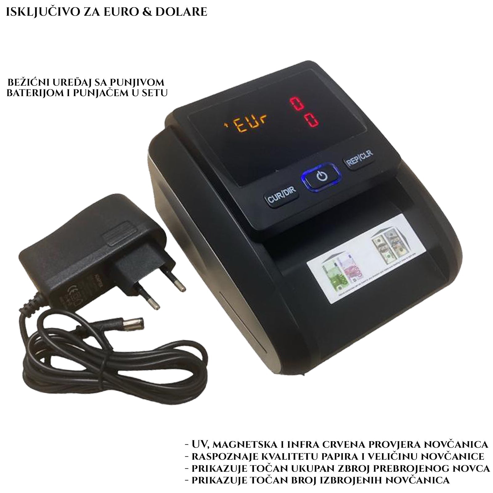 BREZŽIČNA NAPRAVA S POLNILNO BATERIJO ZA ŠTETJE IN PREVERJANJE DENARJA