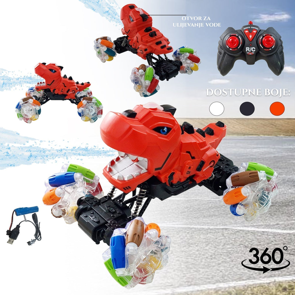 XXL DALJINSKI UPRAVLJALNIK DINOSAVER 360 Z UČINKOM BURLANJA VODNEGA PRŠENJA IN LED KOLESI