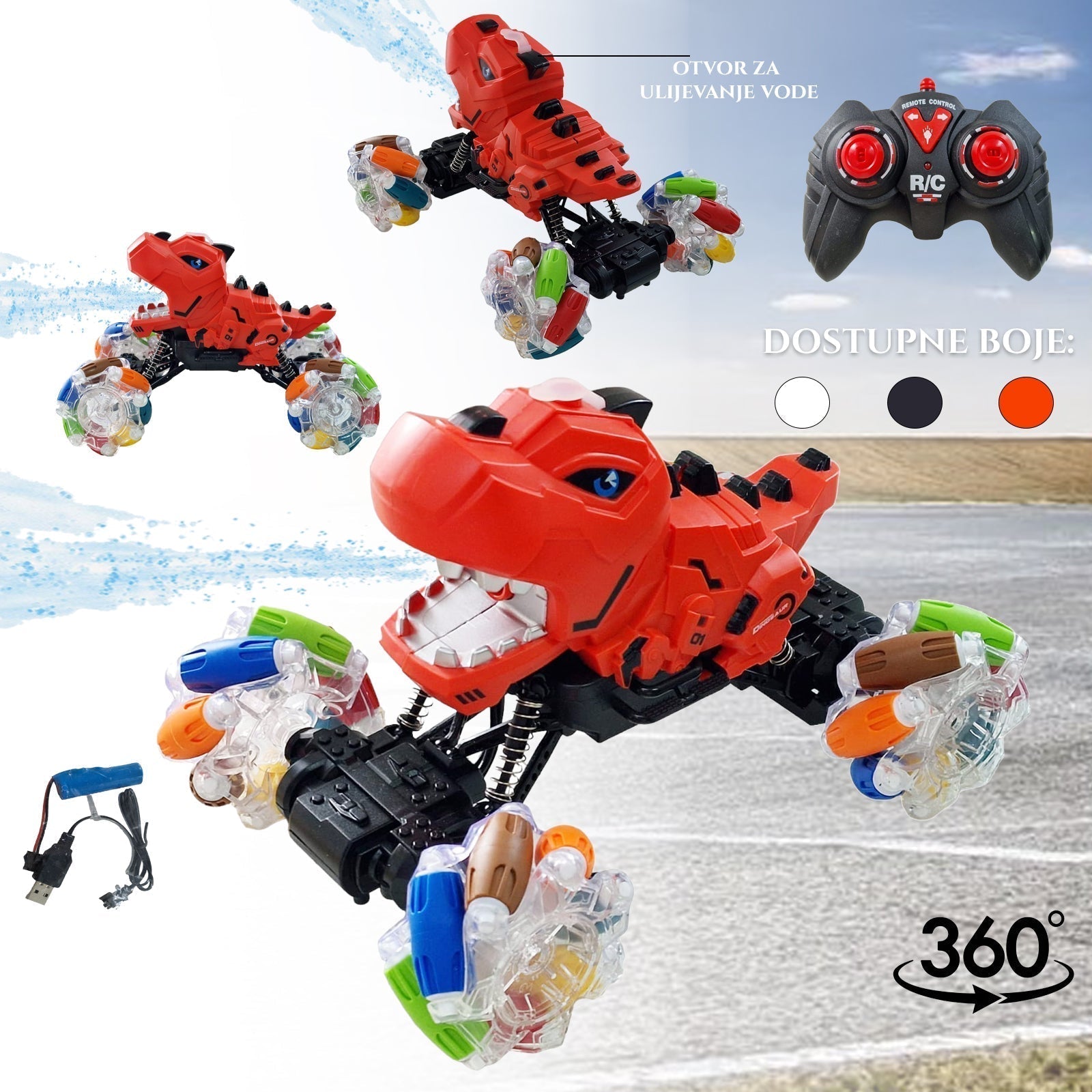 XXL DALJINSKI UPRAVLJALNIK DINOSAVER 360 Z UČINKOM BURLANJA VODNEGA PRŠENJA IN LED KOLESI