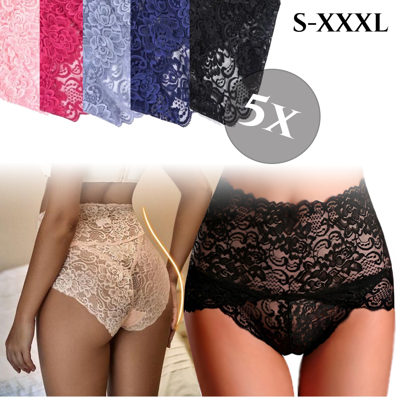 Set 5× čipkastih hlačk – visok pas