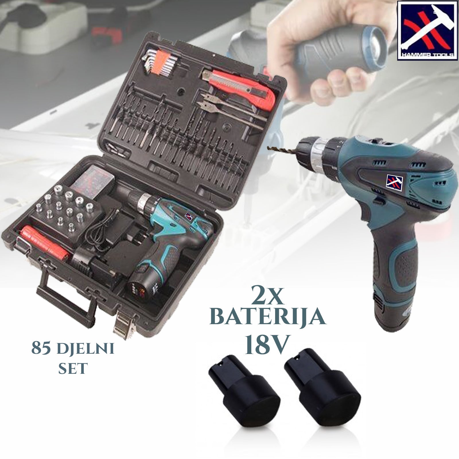 XXL AKUMULATORSKI VRTALNIK 18 V Z 2 LI-ON BATERIJOMA IN 85 DELI TER LED LUČKO