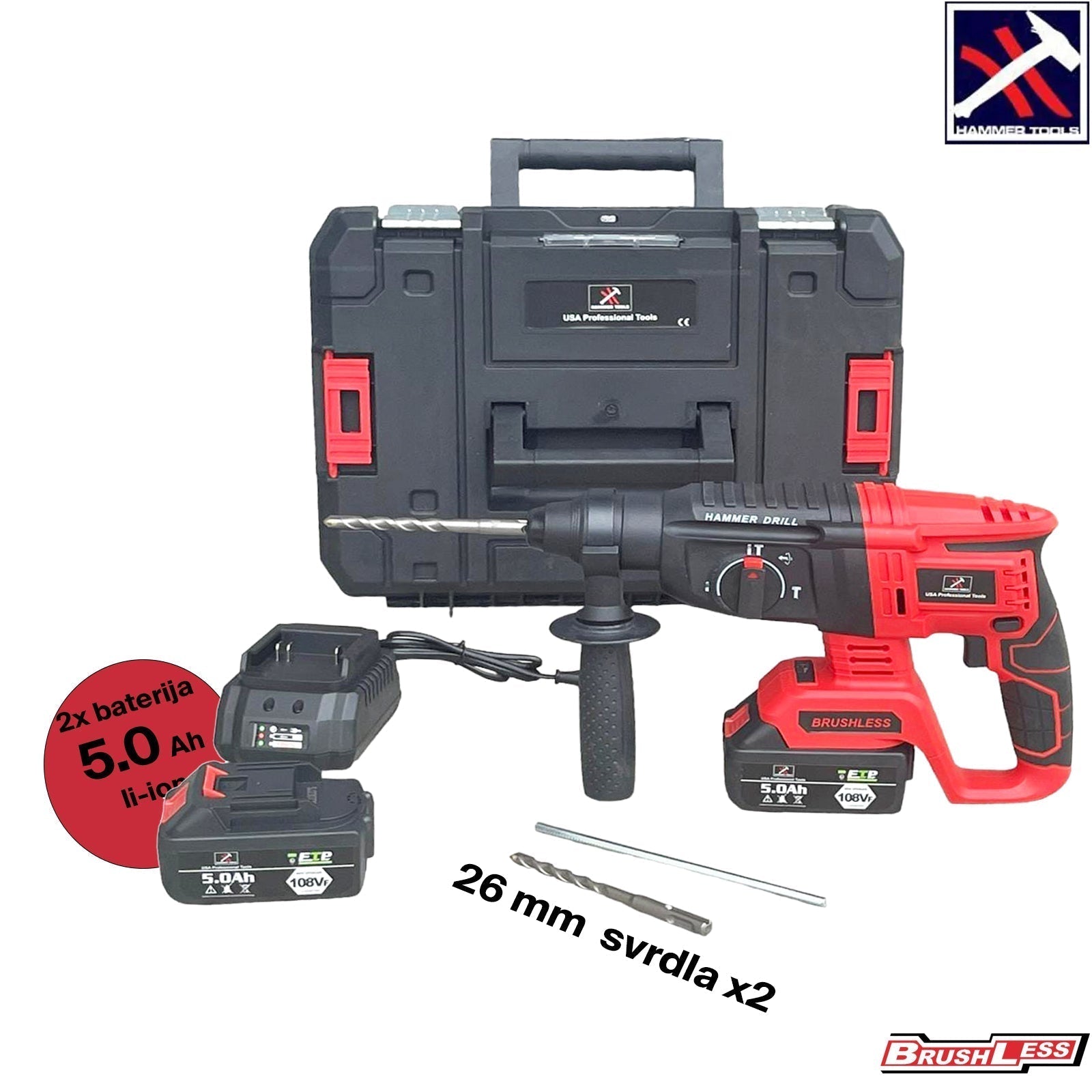 AKUMULATORSKI UDARNI VRTALNIK 2x5,0 Ah Li-ION BATERIJE 26 mm Z NASTAVKI KLADIVO