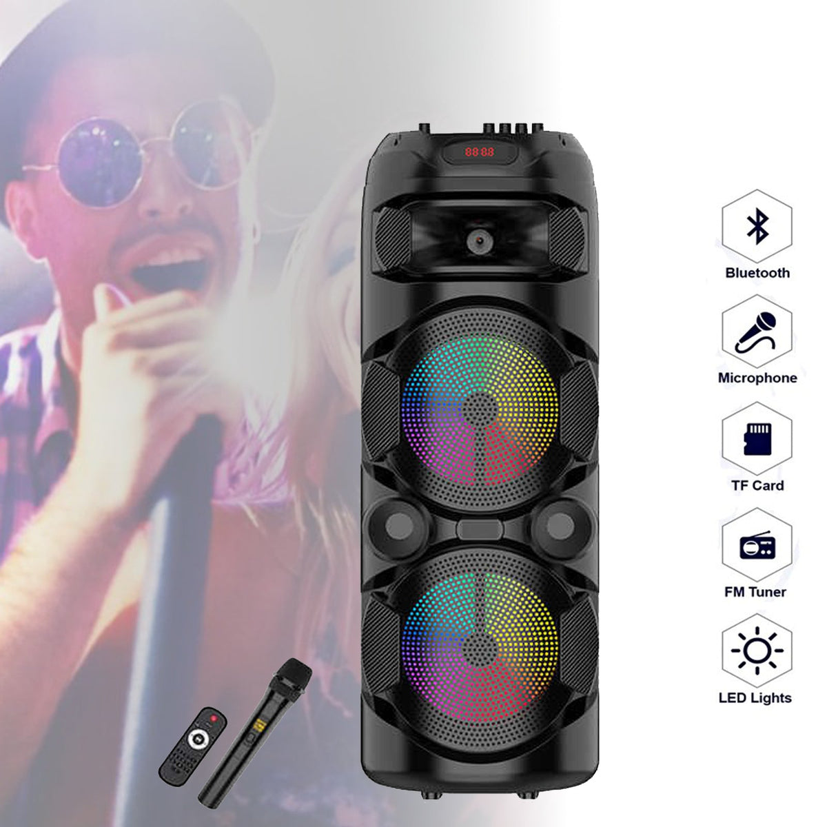 DVOJNI 8 PALČNI BLUETOOTH ZVOČNIK Z BREZŽIČNIM MIKROFONOM