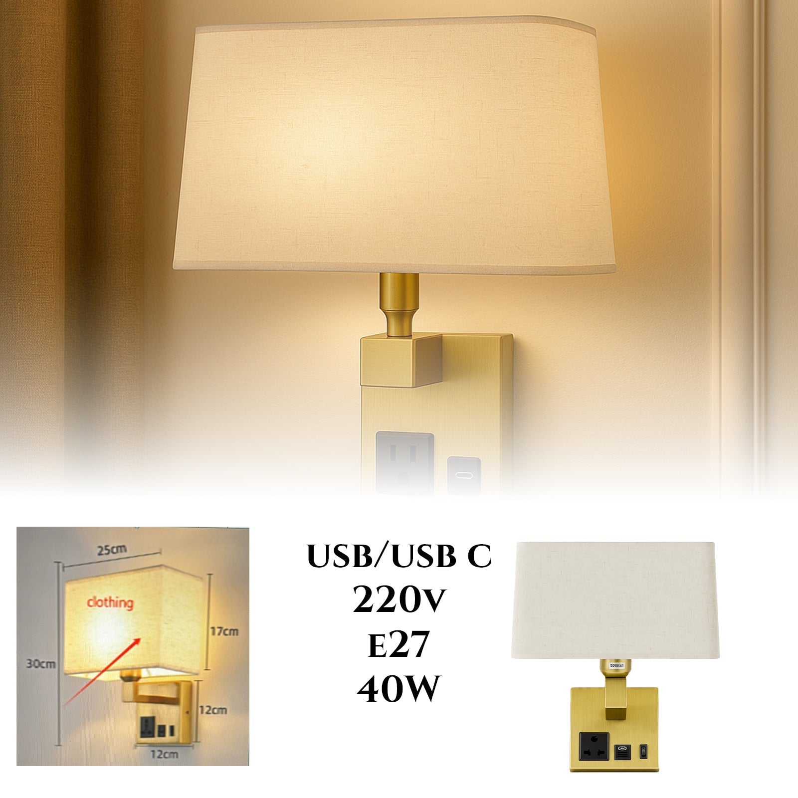 Stenska svetilka z vgrajenim USB/USB-C polnjenjem + vtičnica