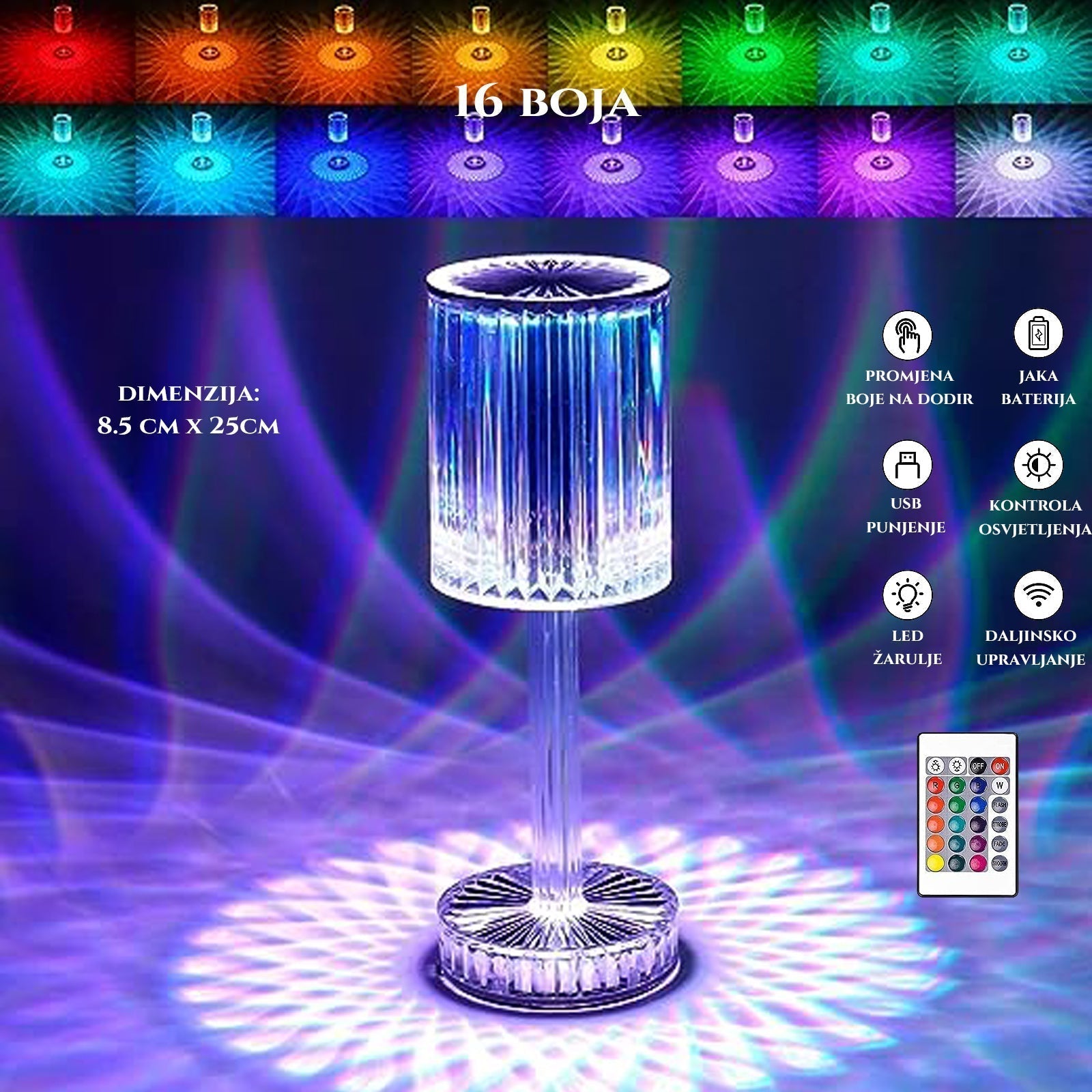 POLNILNA KRISTALNA LED NAMIZNA SVETILKA Z OBČUTLJIVIM NA DOTIK, 16 BARVAMI IN DALJINSKIM UPRAVLJALNIKOM