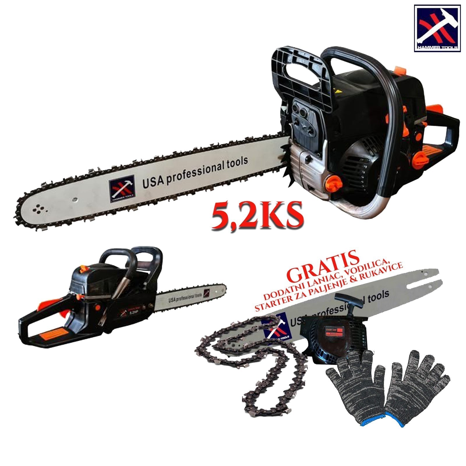 MOTORNA ŽAGA 5,2 KM KLADIVO Z DODATNO MEČO, VERIGO, ZAGANJAČEM IN ROKAVICAMI BREZPLAČNO