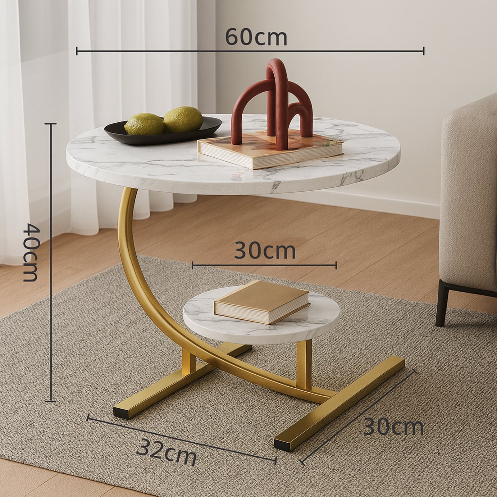 Okrogla klubska mizica z dvojno površino - marmor & zlato