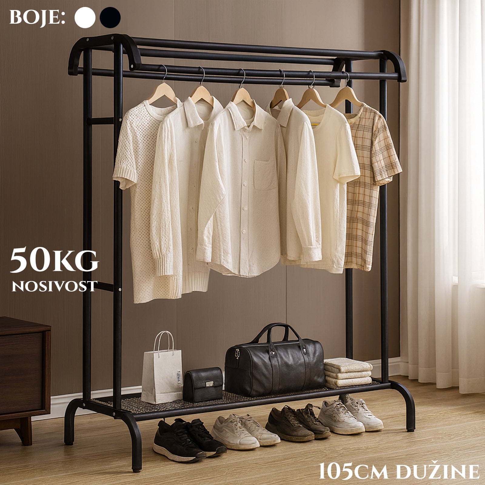 Kovinsko garderobno stojalo s polico – 105 cm