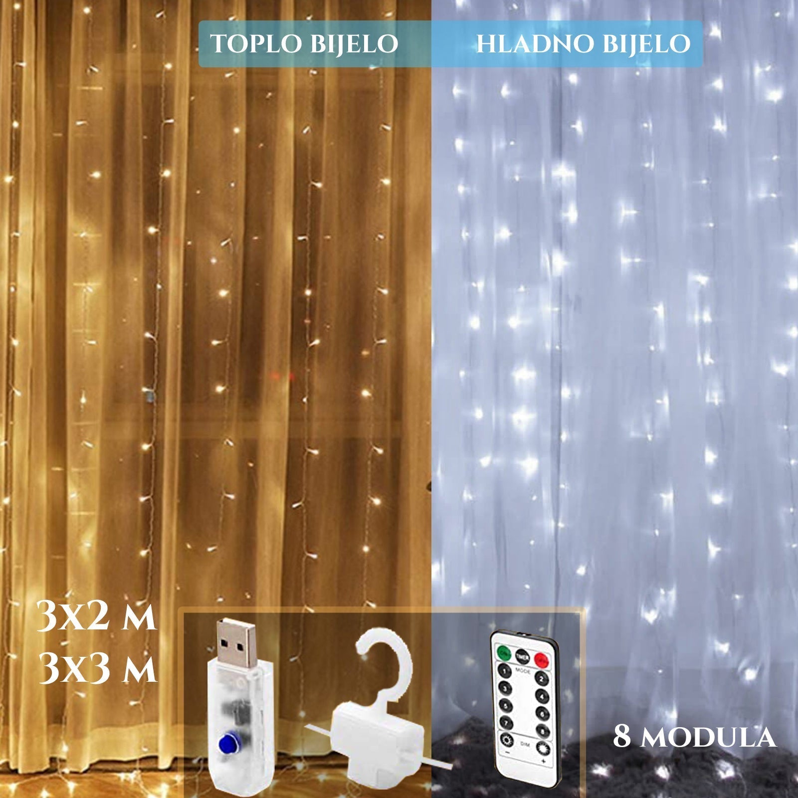 LED okenska zavesa z obešalniki in daljinskim upravljalnikom 3X3M