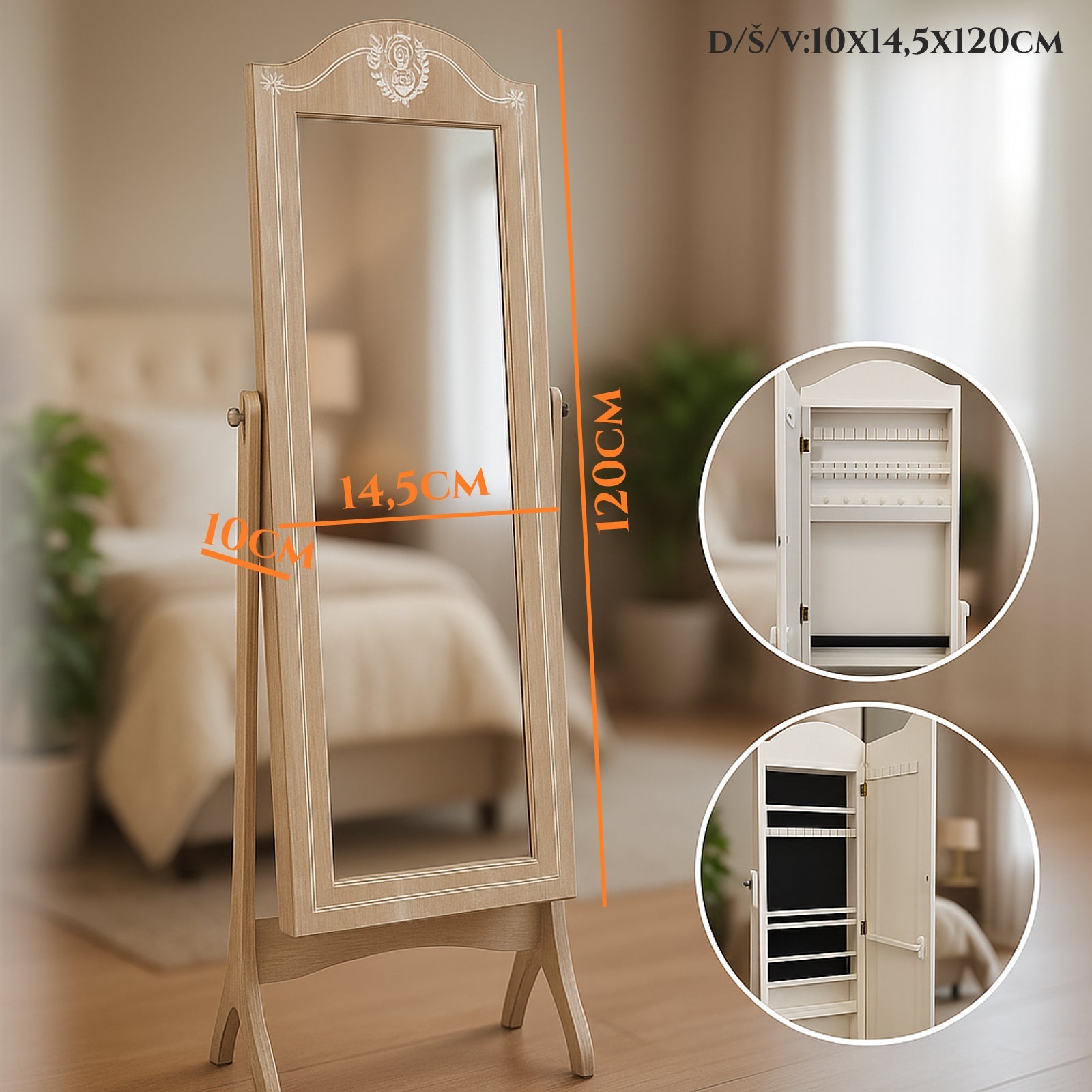 Elegantno stoječe ogledalo z vgrajenim shranjevalnikom za nakit