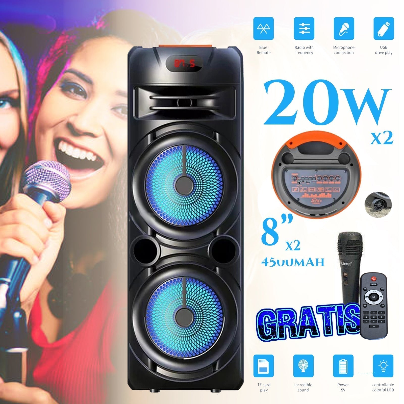 VELIK ZVOČNIK 4500 mAh 8'' X2 Z BREZPLAČNIM BREZŽIČNIM MIKROFONOM IN DALJINSKIM UPRAVLJALNIKOM